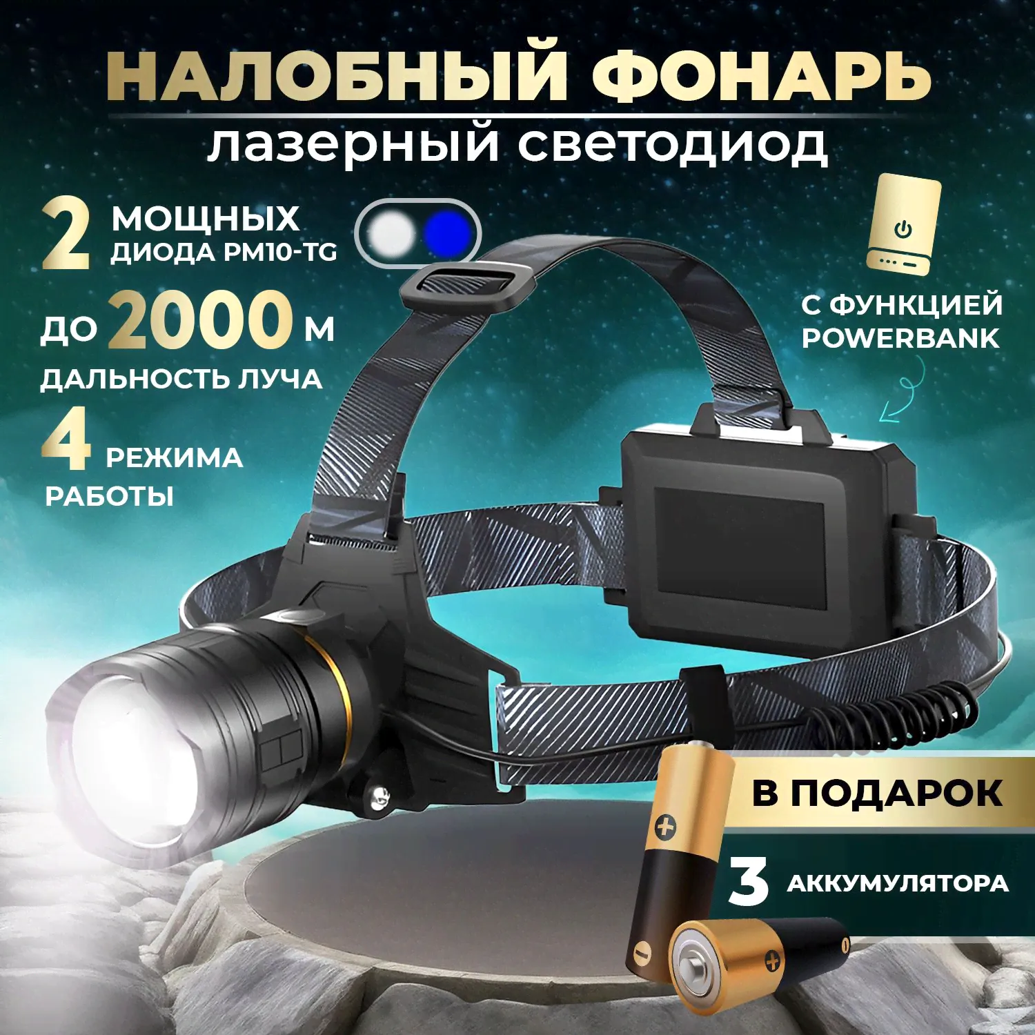 Фонарь налобный светодиодный PM-10 TG с синим светом